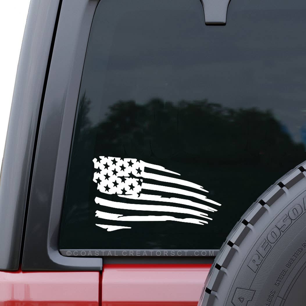 American Flag Waving White Vinyl Window Decal (Packaged)