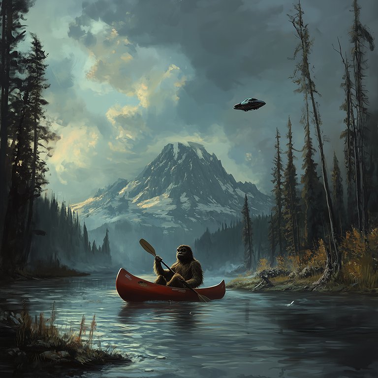 Bigfoot Canoeing under Alien Space Ship - Bigfoot and Alien