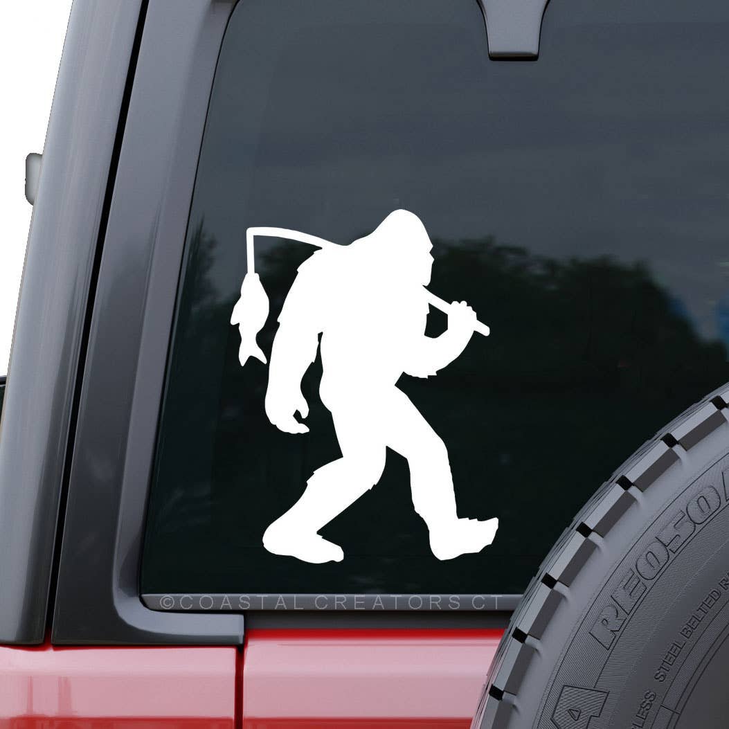 Bigfoot Sasquatch Fishing White Vinyl Window Decal, Packaged