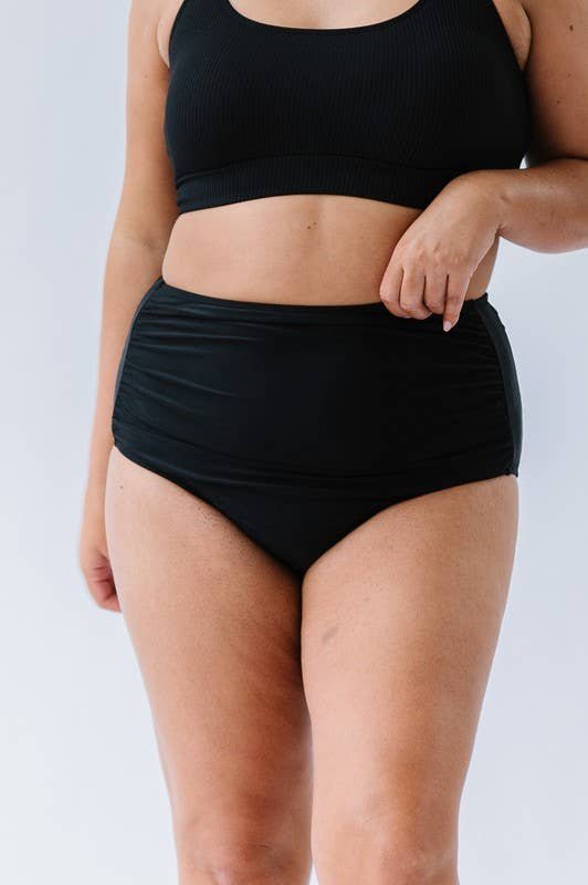 Black High Waisted Ruched Swim Bottoms: Black, XL