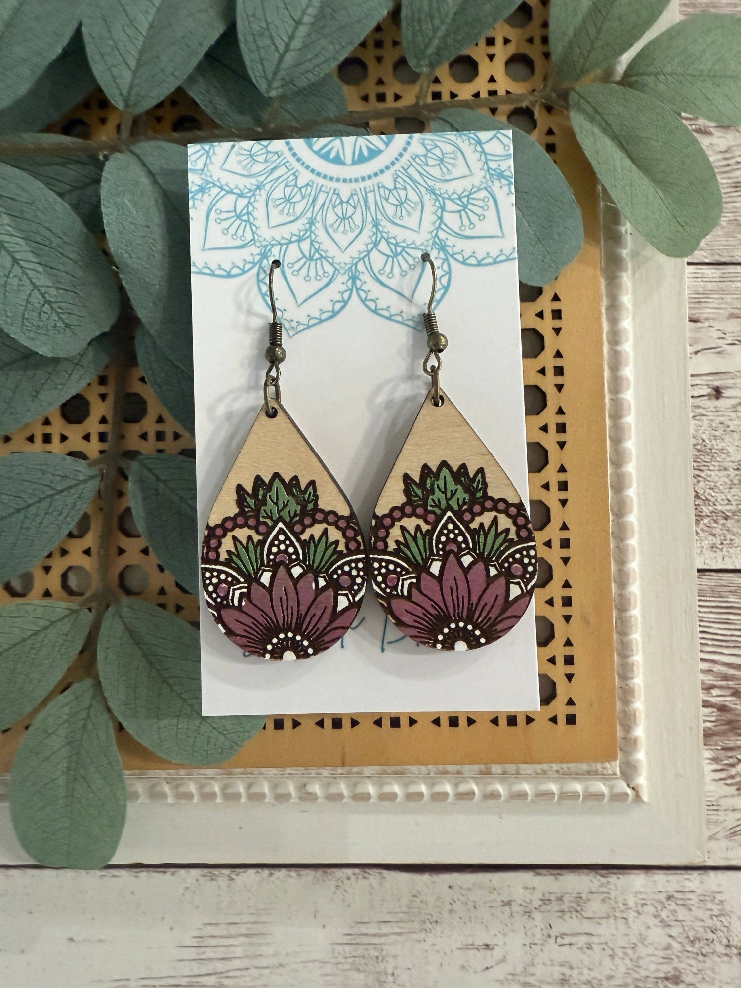Boho Hand painted lightweight maple wood earrings
