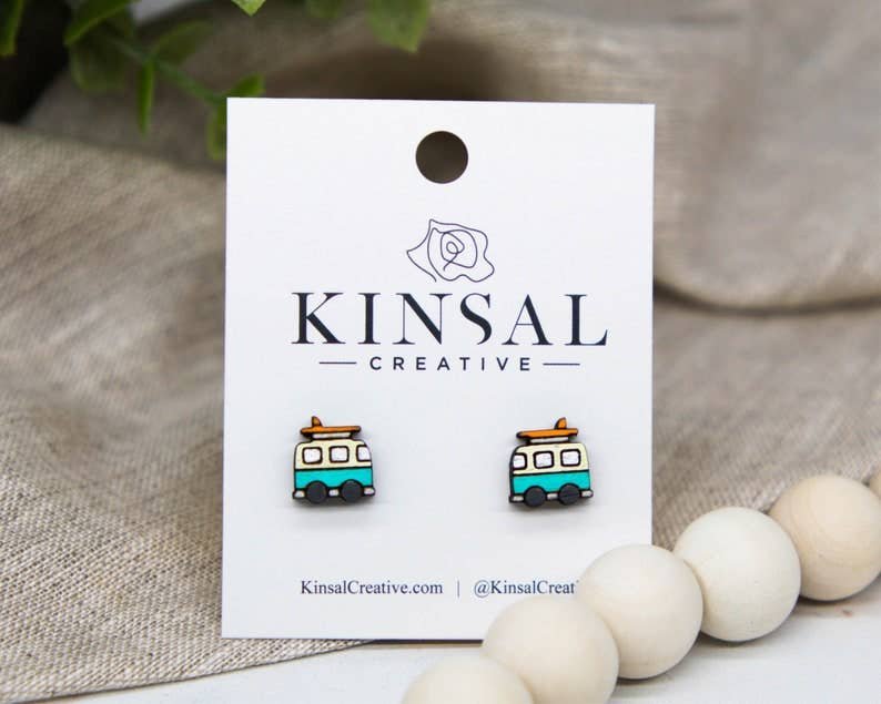 Camper Van Wood Stud Earrings