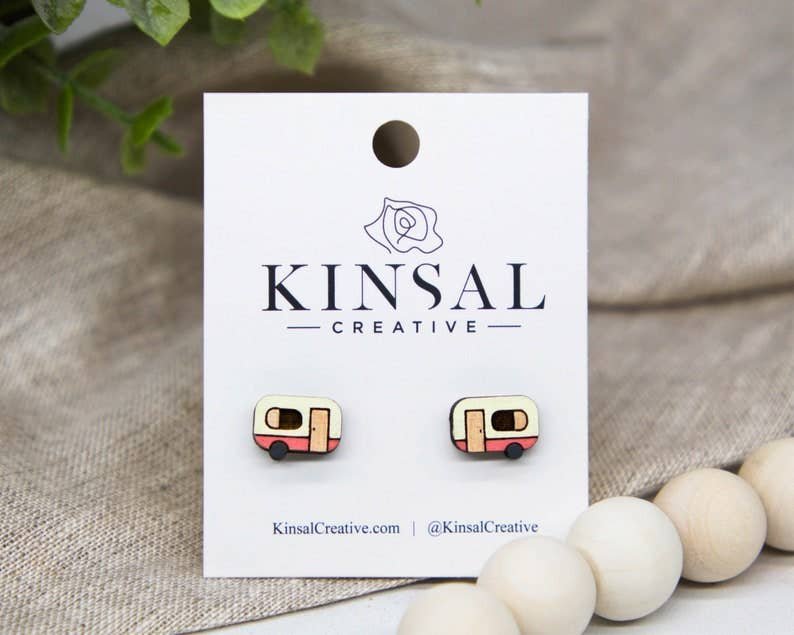 Camper Wood Stud Earrings: Coral