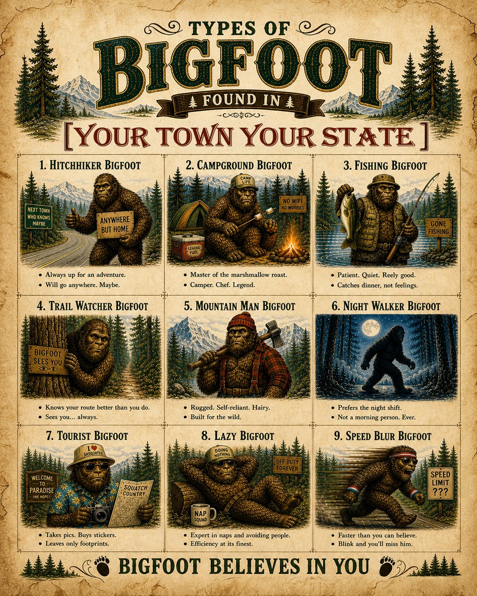 Customizable Types of Bigfoot #1 Wall Art Print