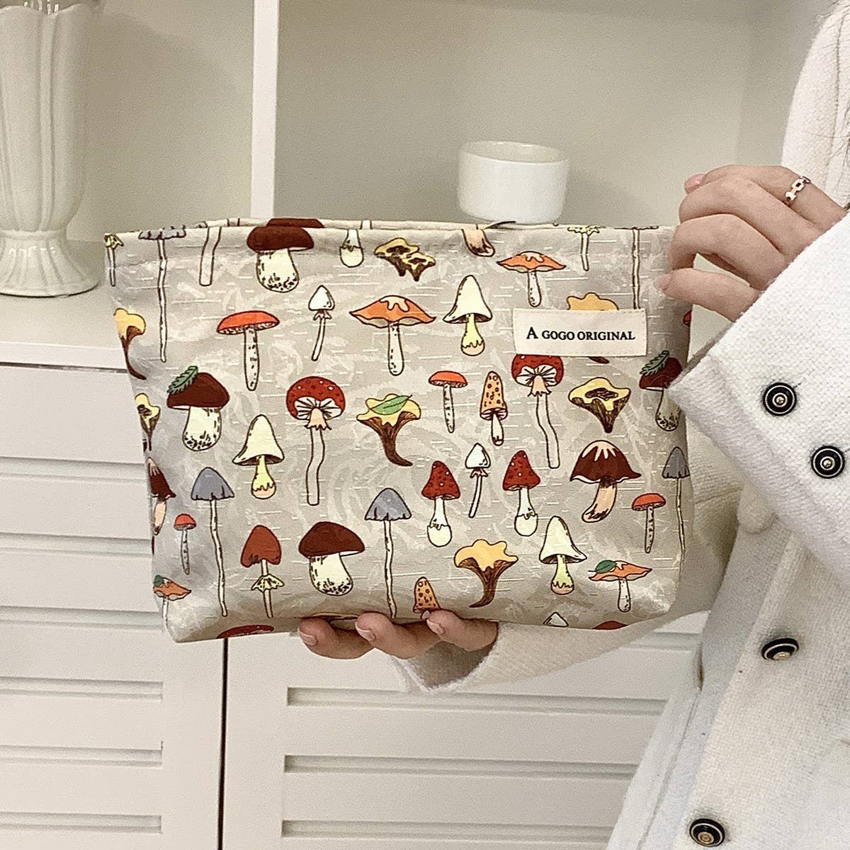 Cute Mushroom Cosmetic Bag Travel Wash Pouch_CUAB00665: KHAKI, (OS) 1