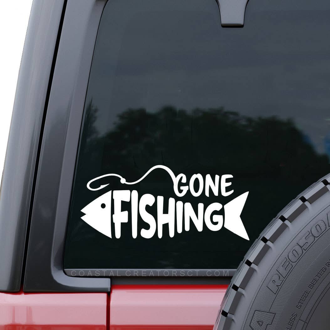 Gone Fishing White Vinyl Car Window Decal (Packaged)