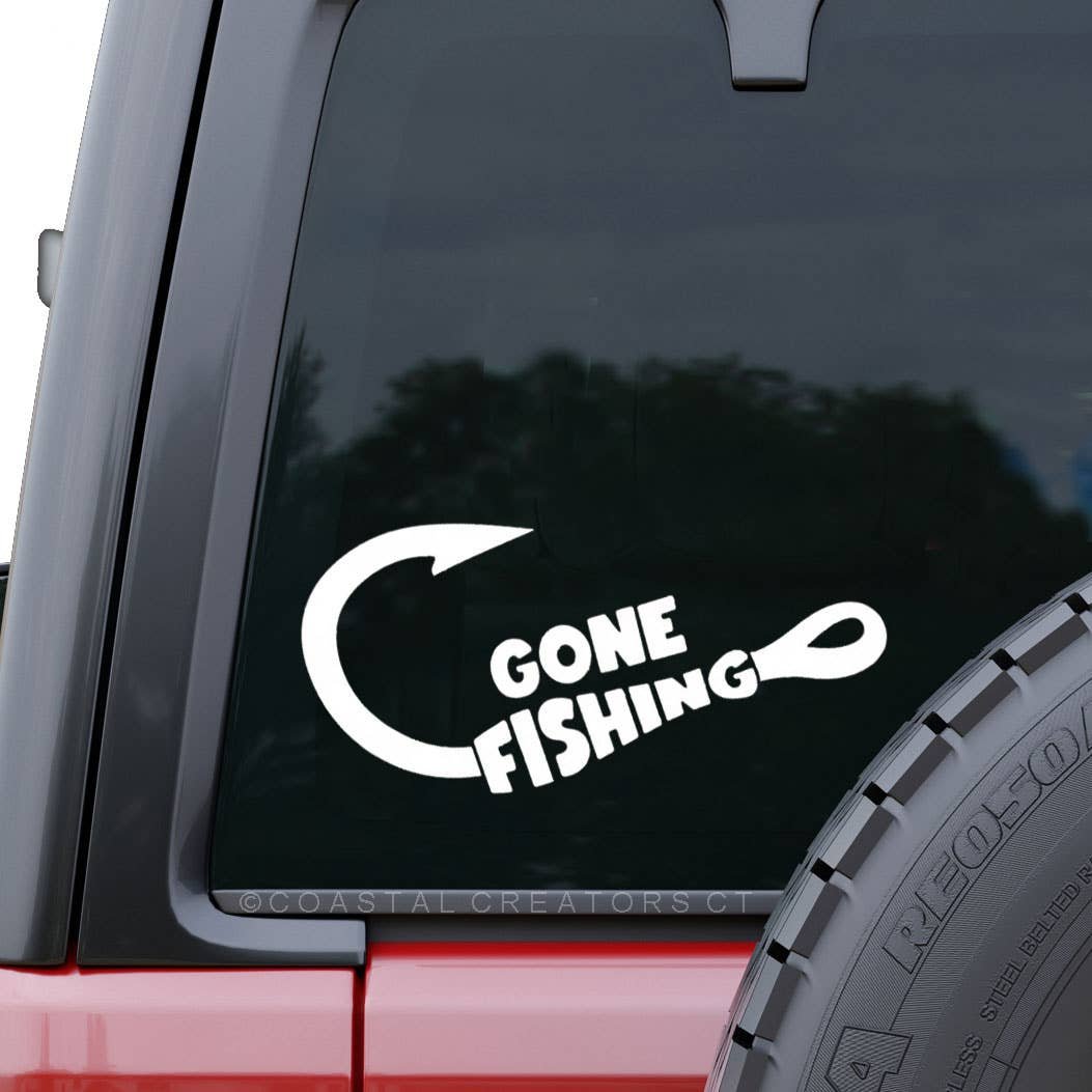 Gone Fishing White Vinyl Window Sticker Decal (Packaged)