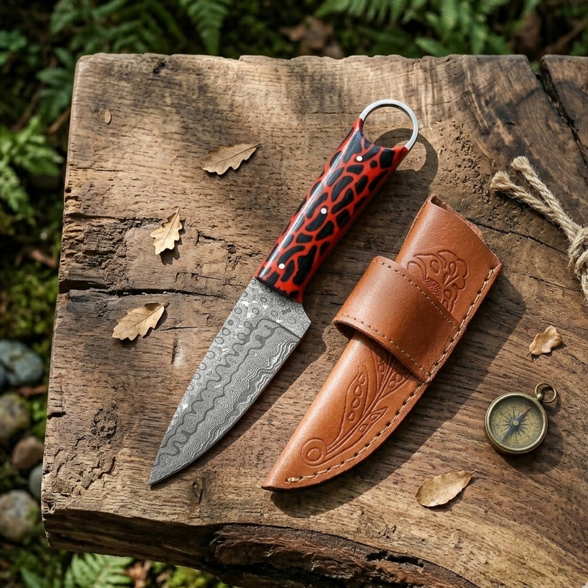 Handmade damascus steel knife with sheath, Cheetah Texture