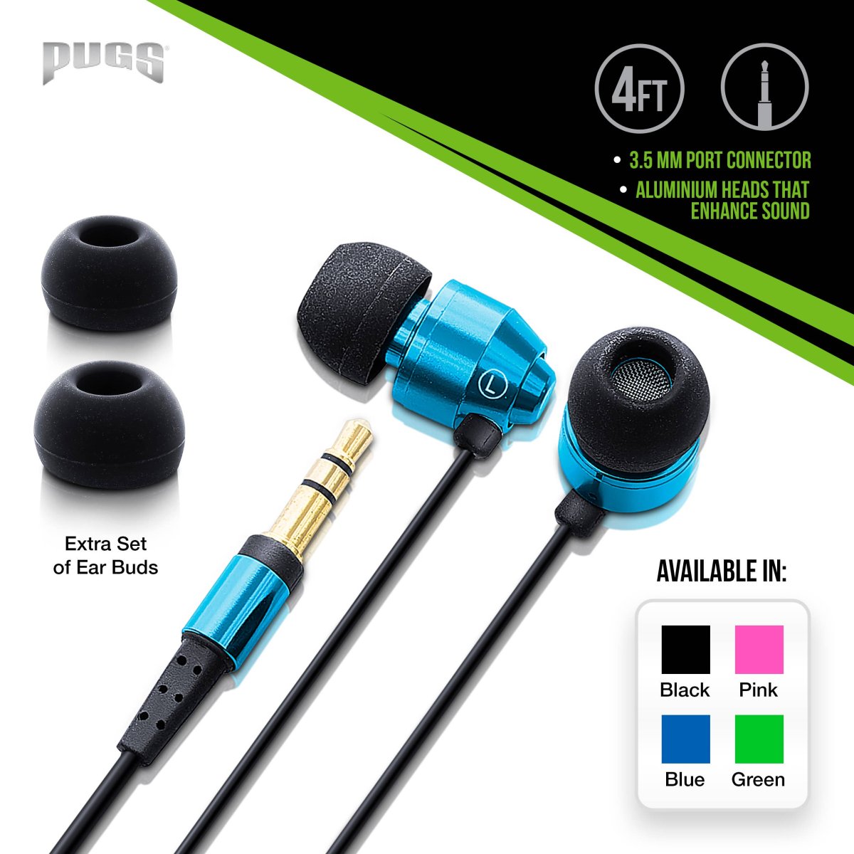 PUGS In Ear Wired Headphones, Earbuds with Microphone - Blue