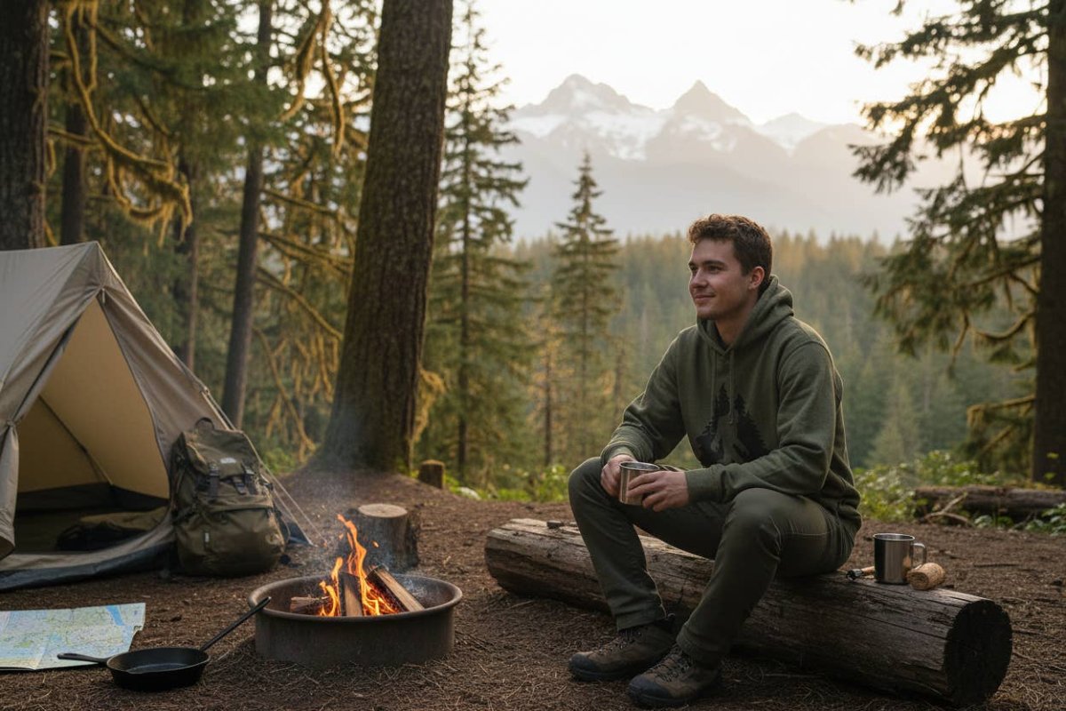 Sasquatch in Trees Outpost Hoodie: Heather Olive, X-SMALL