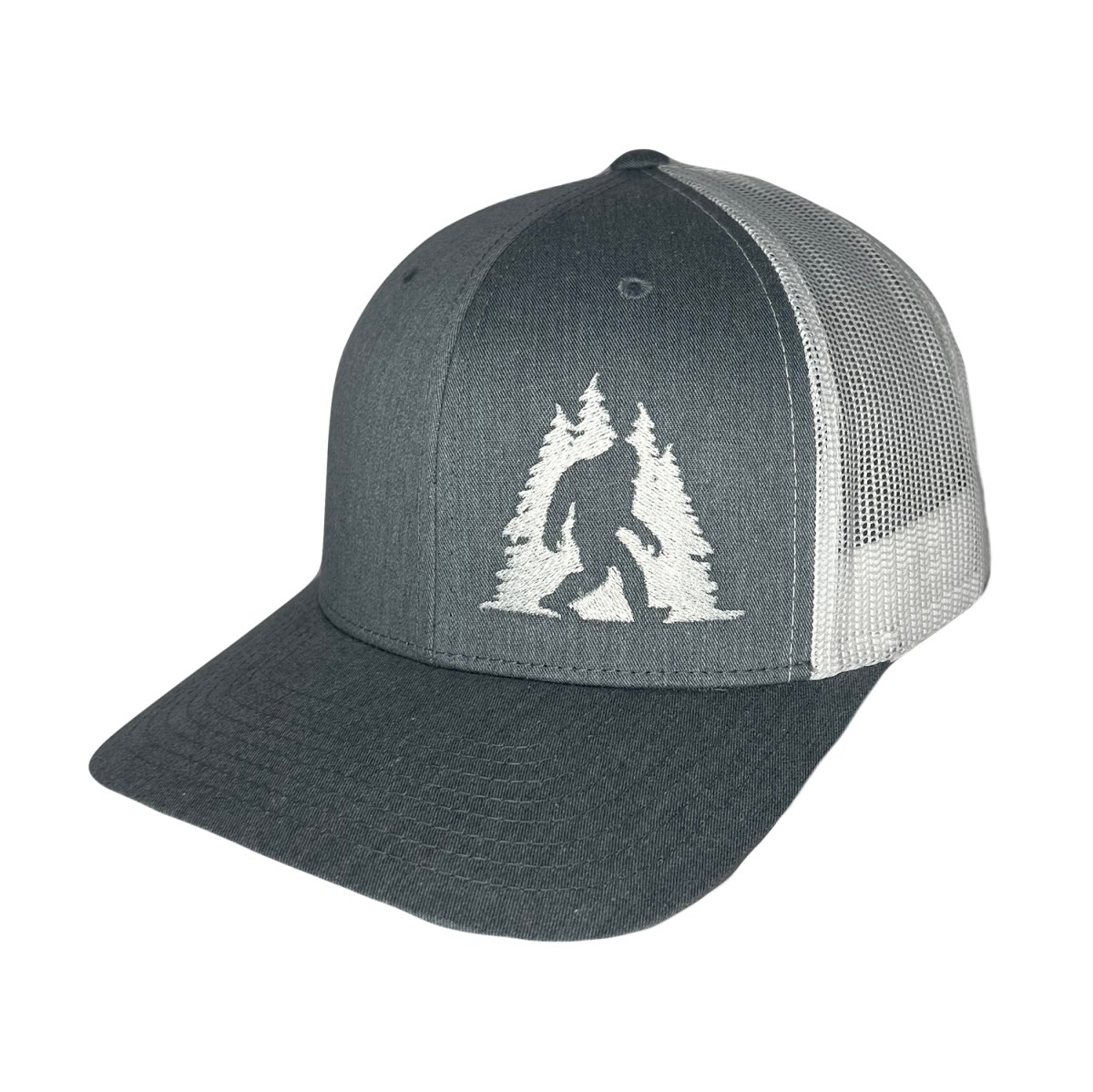 Sasquatch in Trees Trucker Hat: LIGHT GREY-WHITE