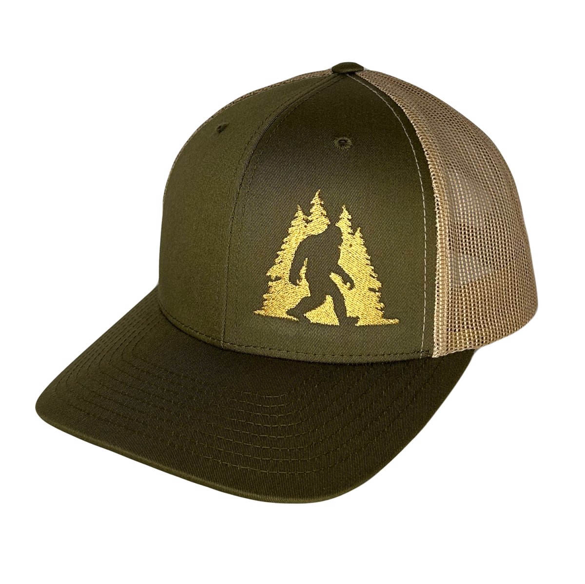 Sasquatch in Trees Trucker Hat: MOSS-KHAKI