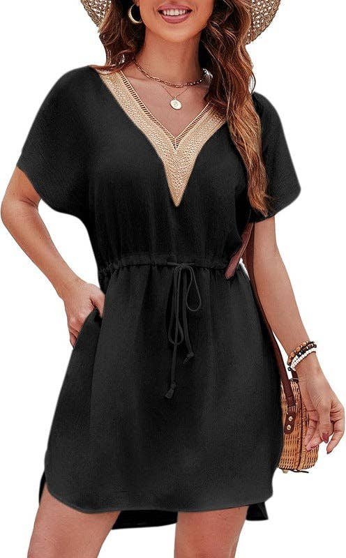 Short Sleeve Boho Cover Up Dress with Crochet Detail: Black, L
