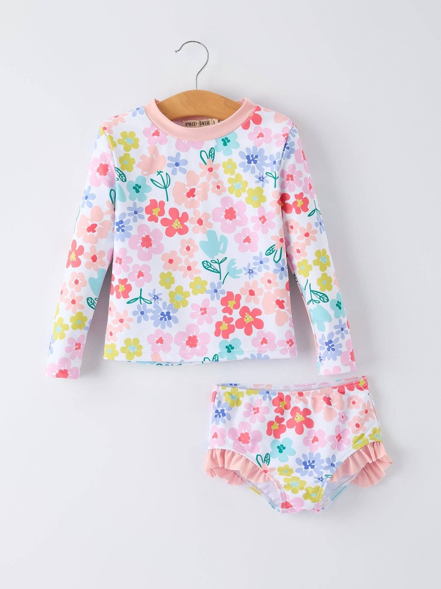 Summer Floral Girls Long Sleeve Swim Set: 3